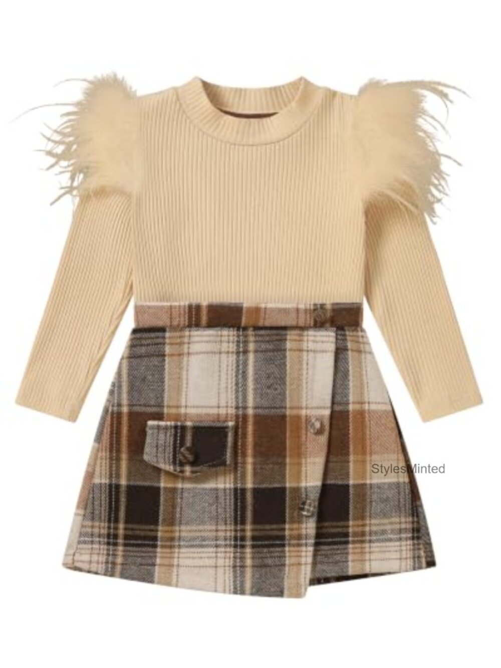 Toddler Girl 2 Piece Ribbed Top Plaid Skirt Set Fall Winter Outfit